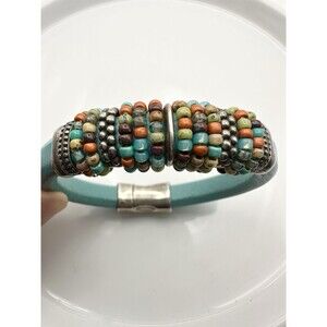 Beaded Leather Magnetic Bracelet Silver Tone